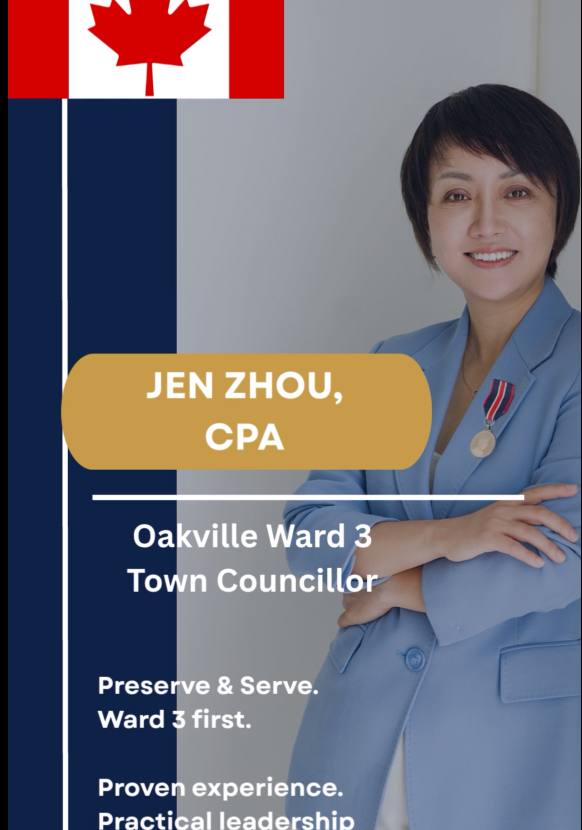 Jen Zhou, CPA in a light blue blazer with a medal, on a navy campaign poster with a Canadian flag.