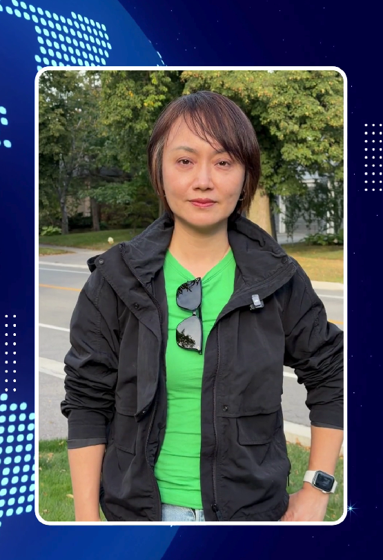 Jen Zhou standing outdoors in a green shirt and black jacket, framed by a blue Midtown Oakville poster.