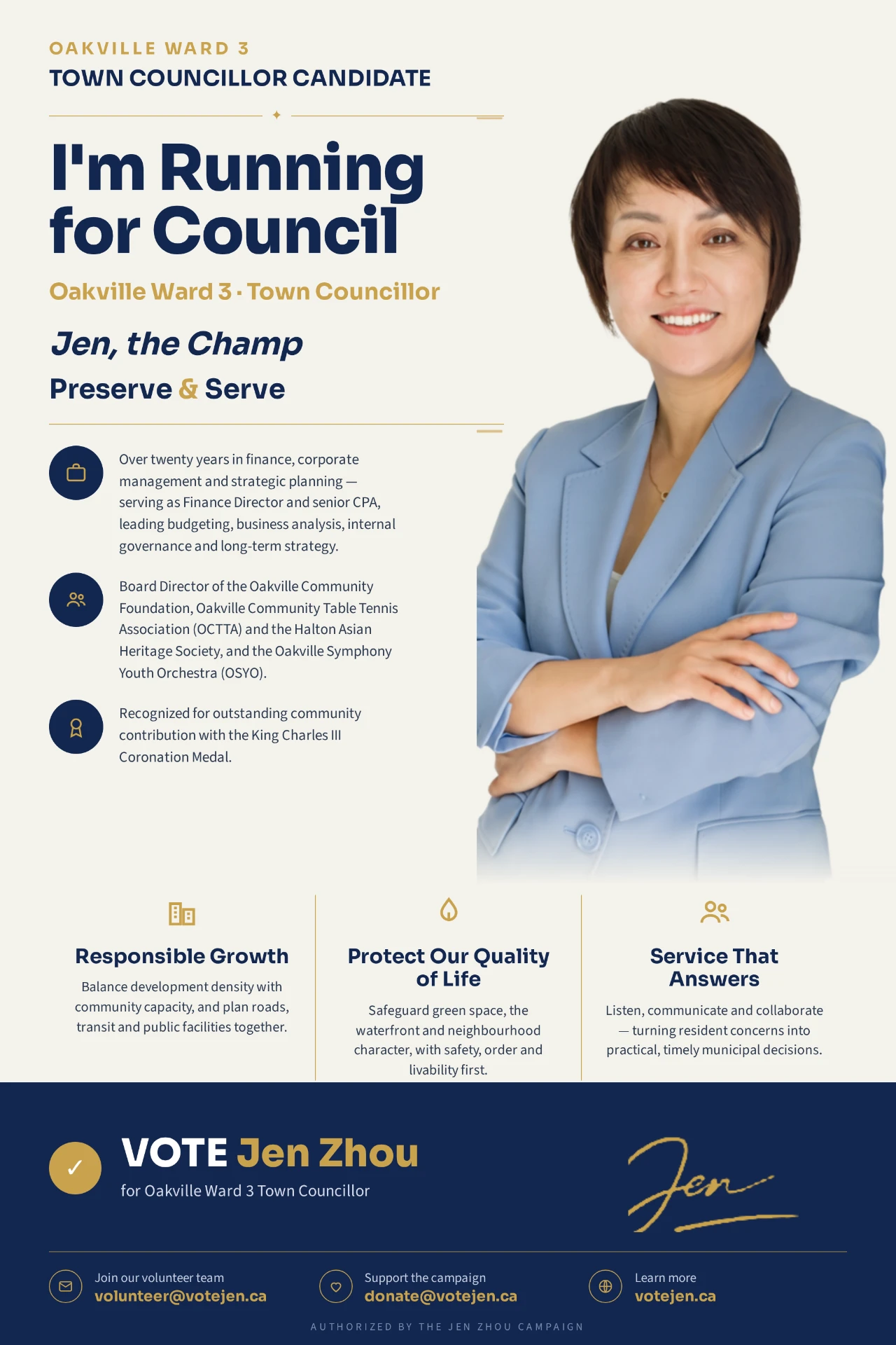 Jen Zhou campaign poster announcing her candidacy for Oakville Ward 3 Town Councillor